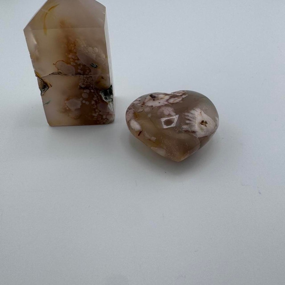 2x Flower Agate Crystal Heart & Tower Set